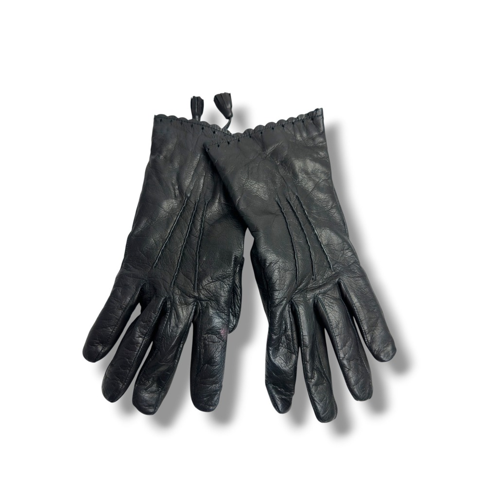 Ann Taylor Leather Gloves Womens Large Black Sheepskin Tassel Scalloped Lining
